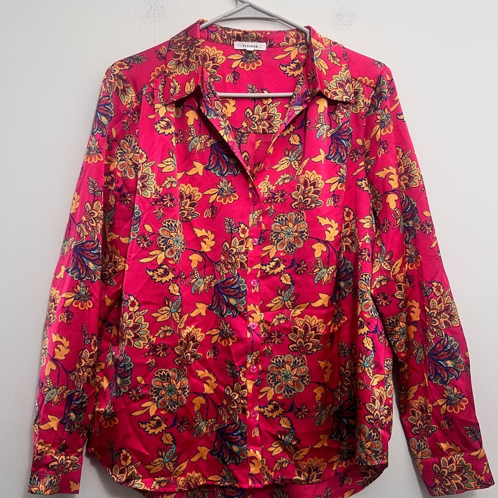 Pleoine Bright Pink Floral Button-Down Shirt Large